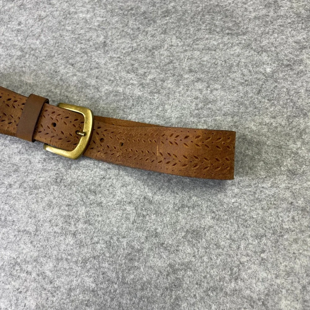 Womens Brown Genuine Leather Perforated Floral Belt 30''xDistressed Brass Buckle